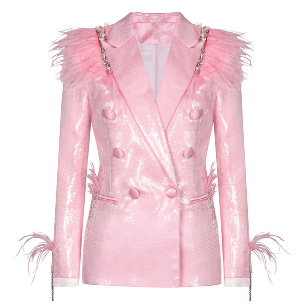Sparkly Crystal Tassel Feather Shoulder Pad Double Breasted Sequin Blazer