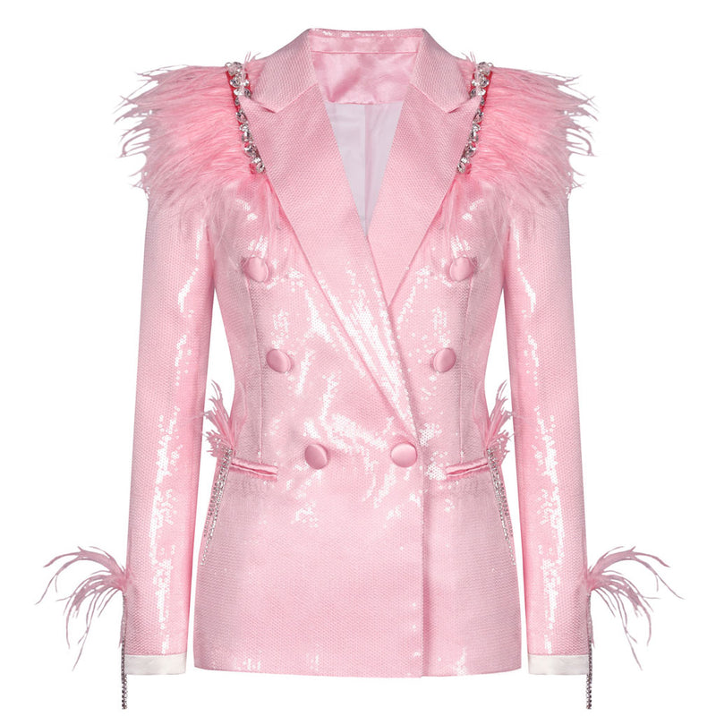 Sparkly Crystal Tassel Feather Shoulder Pad Double Breasted Sequin Blazer