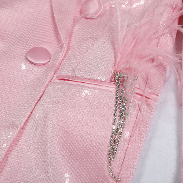 Sparkly Crystal Tassel Feather Shoulder Pad Double Breasted Sequin Blazer