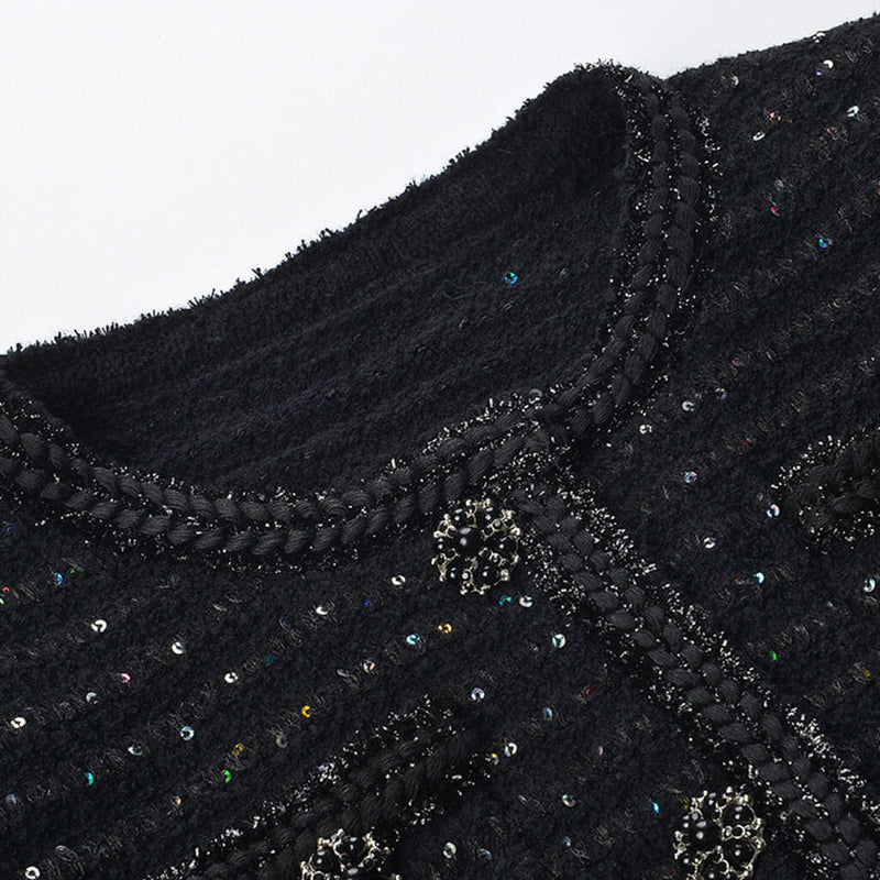 Sparkly Crystal Trim Button Front Long Sleeve Crop Sequin Knit Cardigan