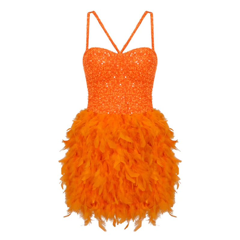 Sparkly Cutout Sequined Bustier Sleeveless Faux Feather Trim Mini Party Dress