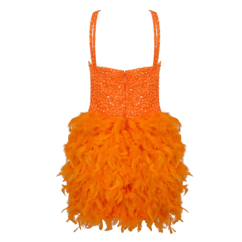 Sparkly Cutout Sequined Bustier Sleeveless Faux Feather Trim Mini Party Dress