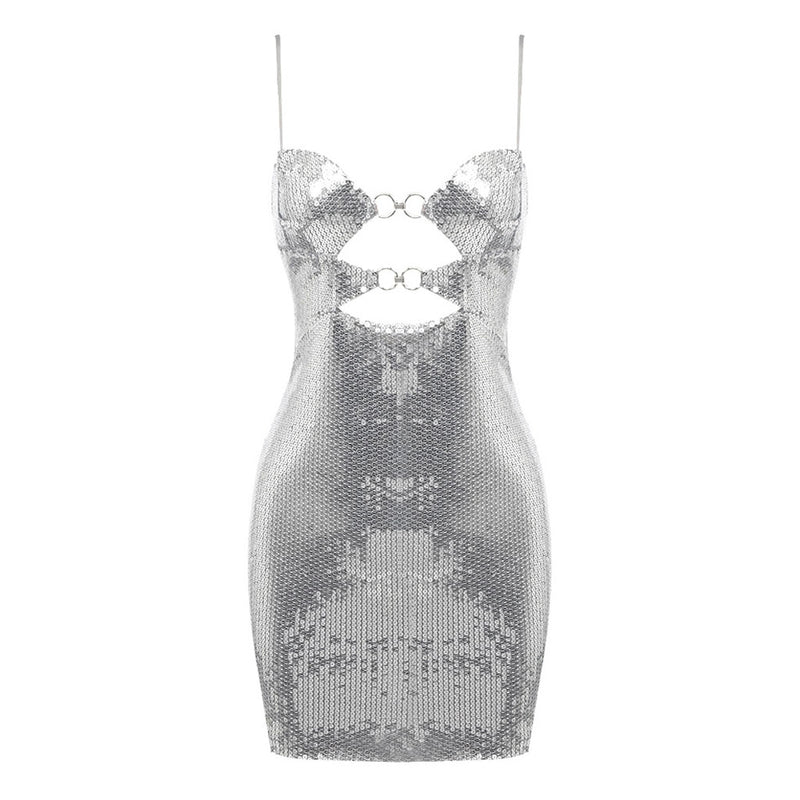Sparkly Deep V Neck Metallic Effect O Ring Cutout Sleeveless Mini Sequin Dress