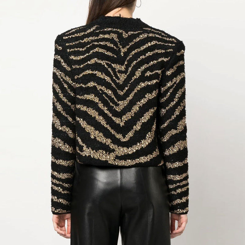 Sparkly Diamante Studded Zebra Print Long Sleeve Open Front Tweed Knit Jacket