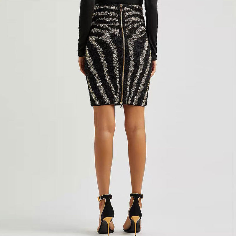 Sparkly Diamante Studded Zebra Print Mid Waist Tweed Knit Midi Pencil Skirt