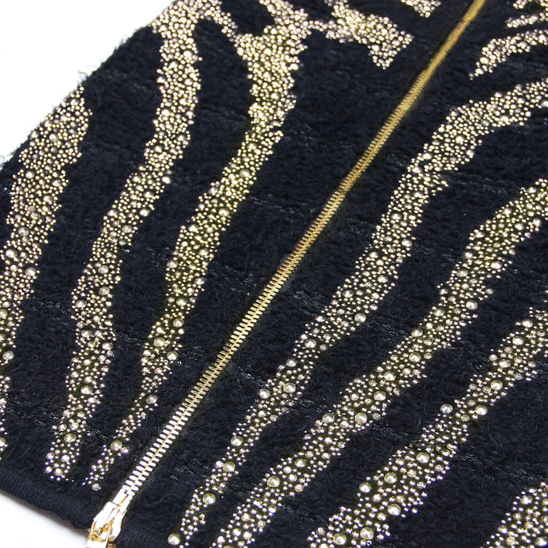 Sparkly Diamante Studded Zebra Print Mid Waist Tweed Knit Midi Pencil Skirt
