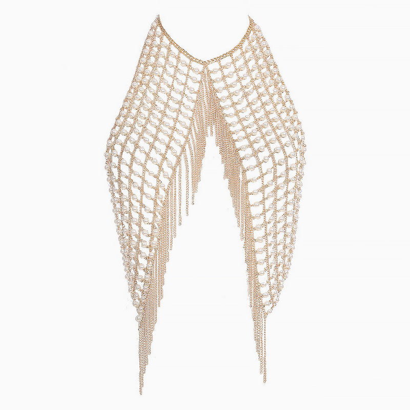 Sparkly Halter Neck Link Fringe Layered Imitation Pearl Body Chain