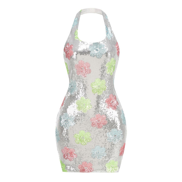 Sparkly Halter Neck Sequin Embellished Floral Bodycon Mini Party Dress