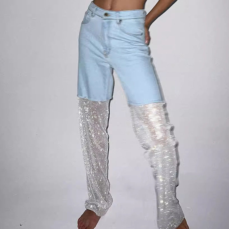 Sparkly High Waist Crystal Mesh Straight Leg Frayed Hybrid Denim Jeans