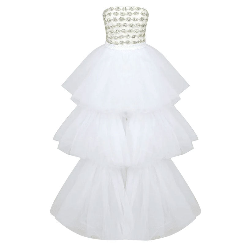 Sparkly Leaf Crystal Trim Strapless Puffy Layered Ruffle High Low Tulle Dress