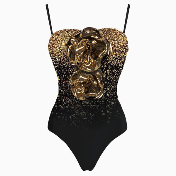 Sparkly Metallic Duo Rosette Gradient Sequin Print Bandeau One Piece Swimsuit