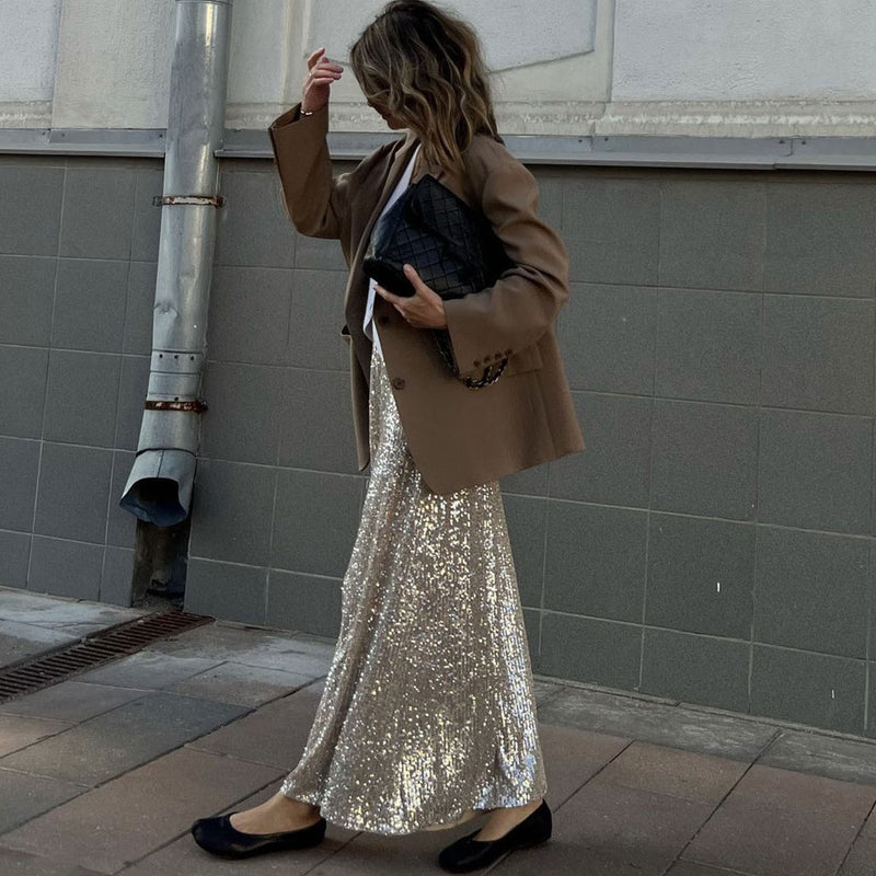 Sparkly Metallic Effect Mid Rise A Line Sequin Maxi Skirt