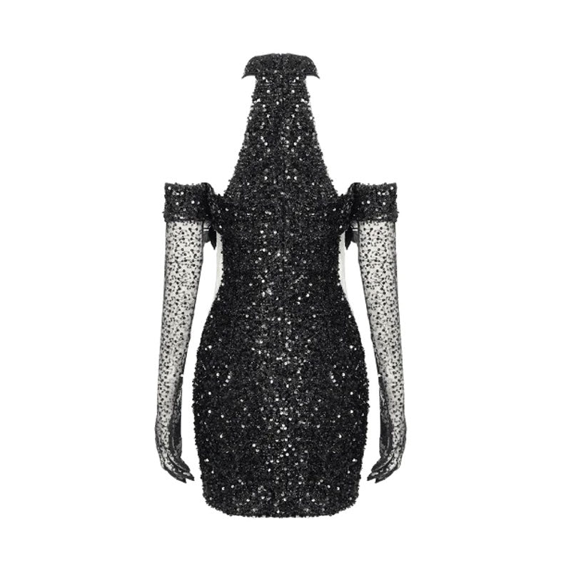 Sparkly Mock Neck Feather Trim Bra Cross Cutout Sheer Mesh Glove Sequin Mini Dress
