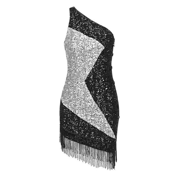 Sparkly One Shoulder Contrast Rhinestone Sequined Fringe Trim Mini Party Dress