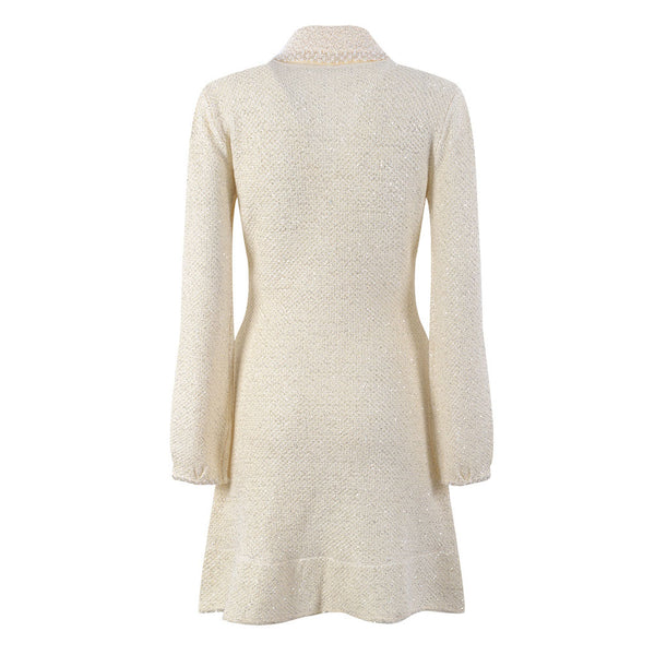 Sparkly Pearl Collar Half Button Long Sleeve Ruffled Sequined Wool Knit Mini Dress