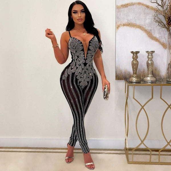 Sparkly Plunge Neck Rhinestone Detail Sheer Mesh Bodycon Sleeveless Jumpsuit