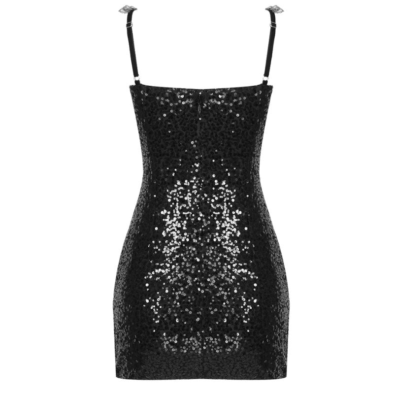 Sparkly Plunge Rhinestone Sequin Ruched Sheer Mesh Bodycon Corset Mini Dress
