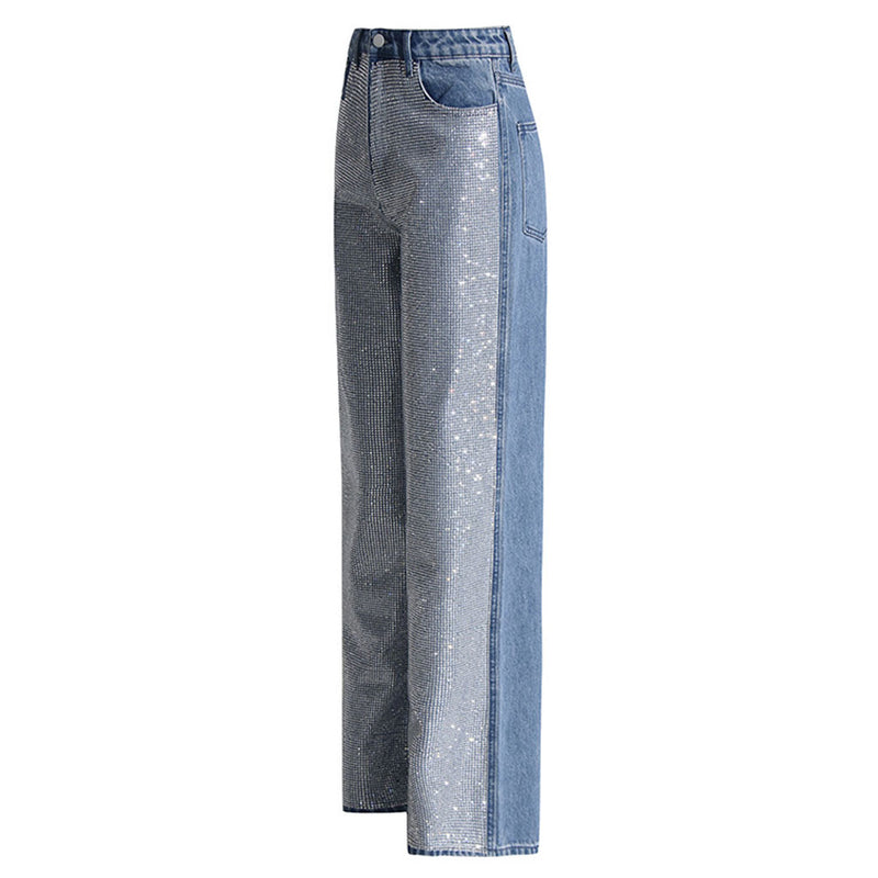 Sparkly Rhinestone Detail Pocket High Waist Straight Leg Jeans