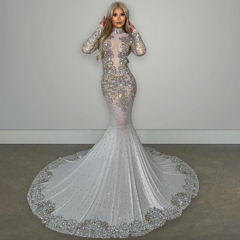 Sparkly Rhinestone Embellished High Neck Long Sleeve Mesh Mermaid Maxi Evening Dress