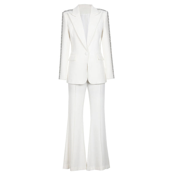 Sparkly Rhinestone Embellished Tailored Blazer High Waist Bootcut Pants Matching Set