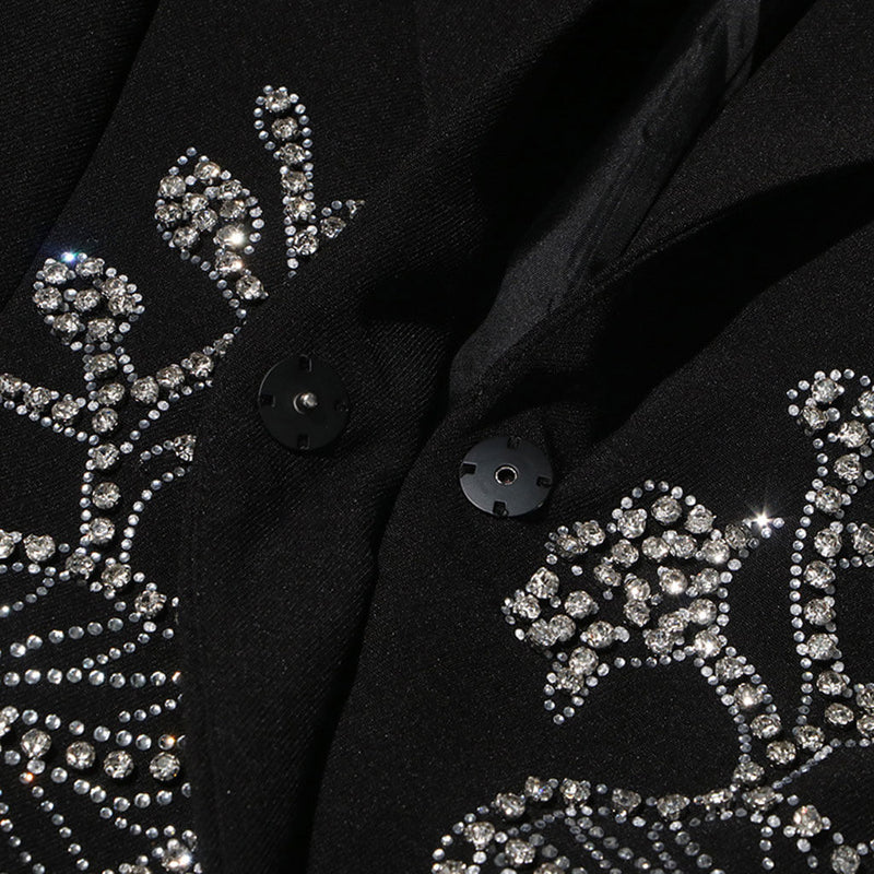 Sparkly Rhinestone Floral Lapel Collar Padded Shoulder Single Breasted Blazer