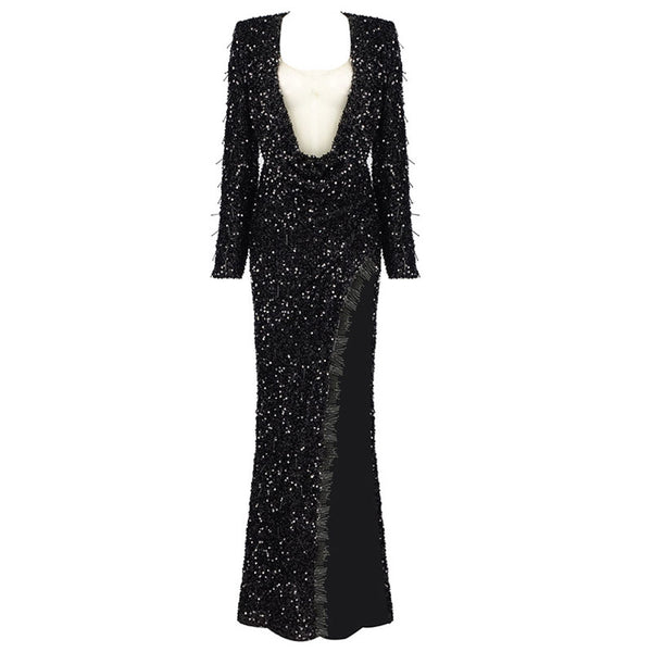 Sparkly Sequin Embellished Deep V Beaded Fringe High Split Maxi Evening Dress
