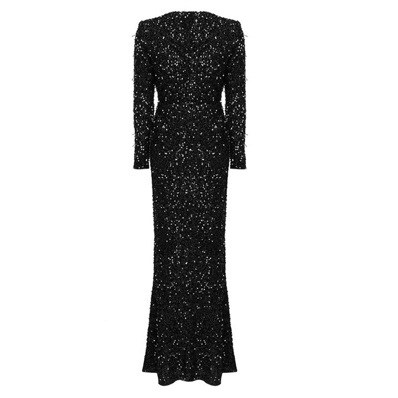 Sparkly Sequin Embellished Deep V Beaded Fringe High Split Maxi Evening Dress