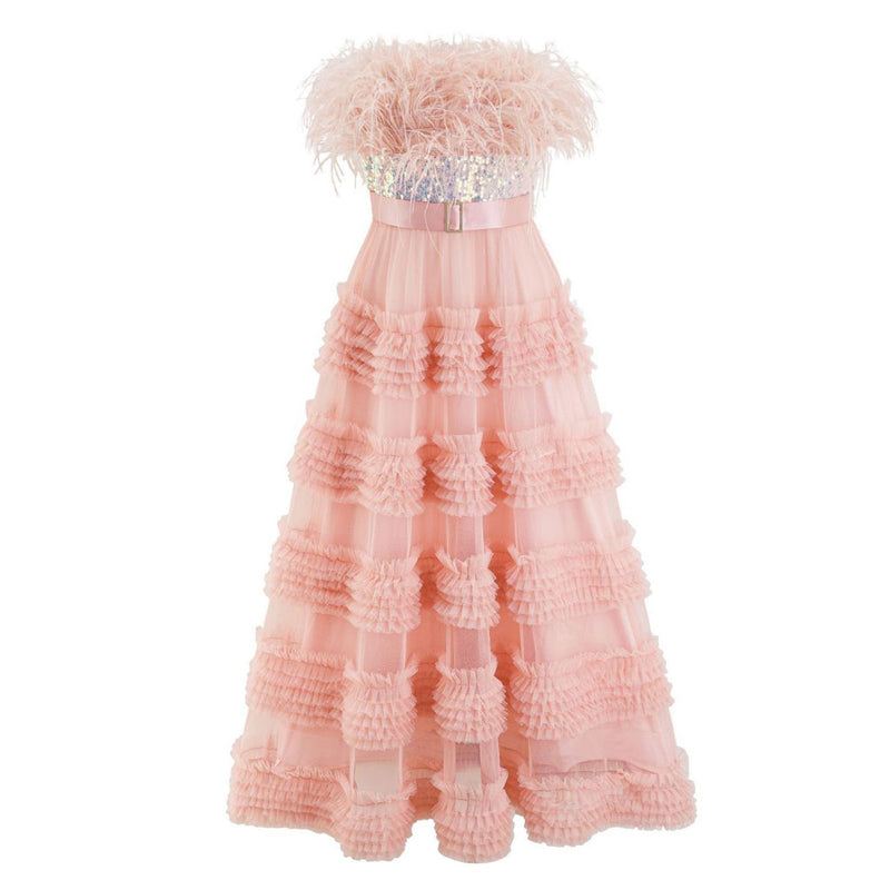 Sparkly Sequin Feather Trim Bandeau Ruffle Tiered Tulle Maxi Tube Gown Dress
