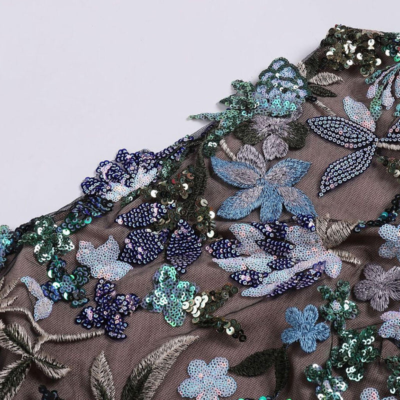 Sparkly Sequin Floral Embroidery One Shoulder Split Sheer Mesh Midi Cocktail Dress
