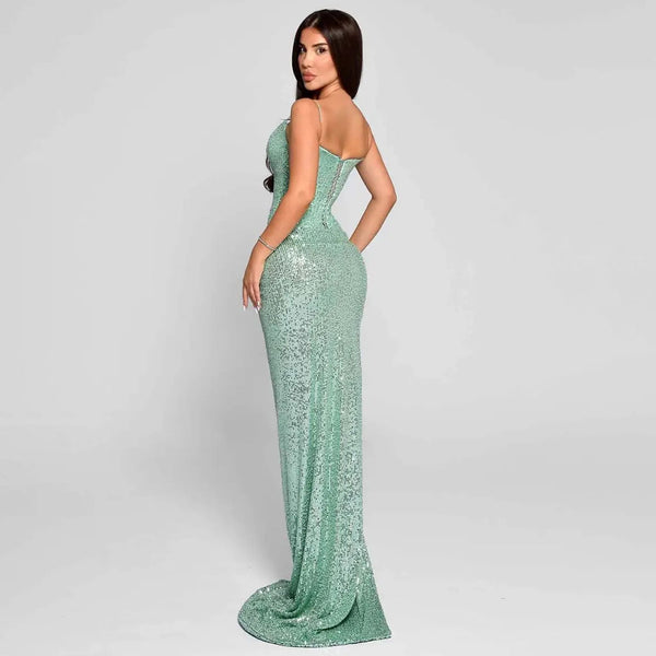 Sparkly Sequin Lace Up Twisted Ruched High Slit Slip Evening Maxi Dress