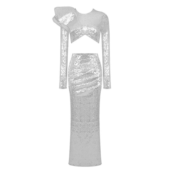 Sparkly Sequin Ruffle Crop Top High Waist Ruched Maxi Skirt Matching Set