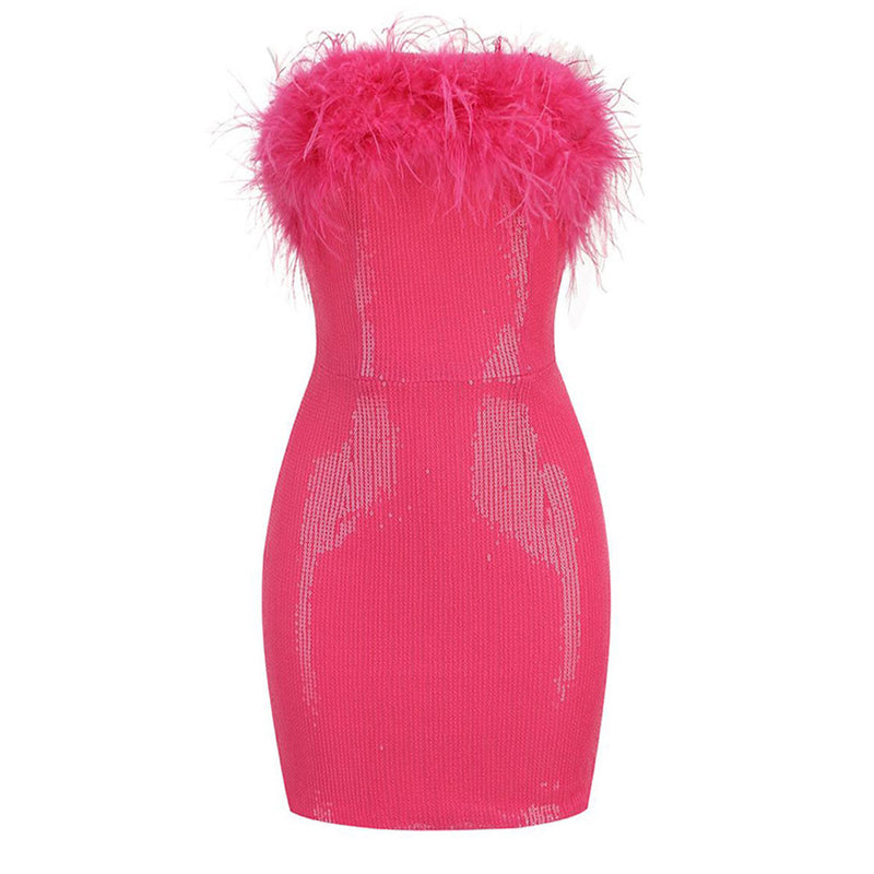 Sparkly Sequin Solid Color Feather Trim Strapless Bodycon Mini Party Dress