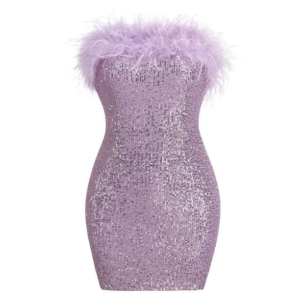 Sparkly Sequin Solid Color Feather Trim Strapless Bodycon Mini Party Dress