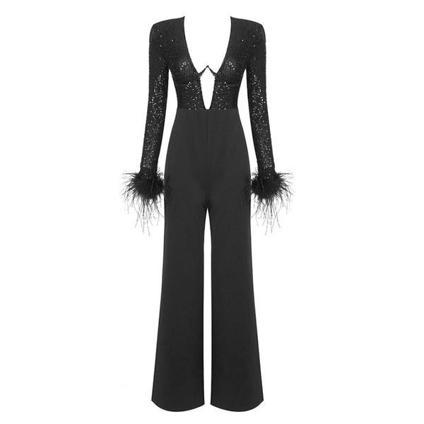 Sparkly Sequin Underwire Plunge Feather Long Sleeve High Waist Wide Leg Jumpsuit