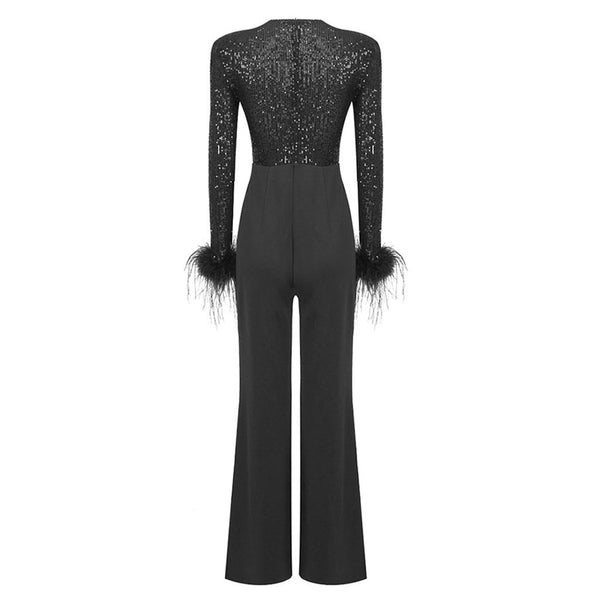 Sparkly Sequin Underwire Plunge Feather Long Sleeve High Waist Wide Leg Jumpsuit