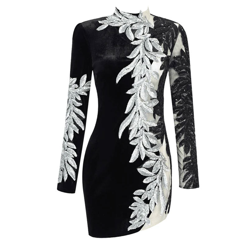 Sparkly Sequined Leaf Embellished Long Sleeve Sheer Mesh Panel Velvet Mini Dress