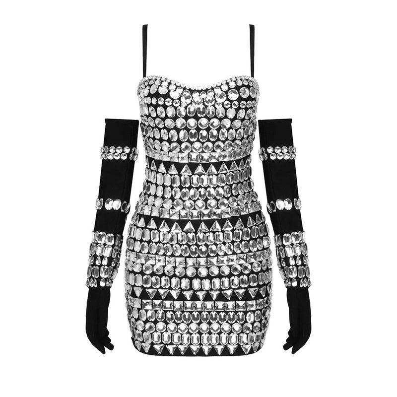 Sparkly Sweetheart Neck Rhinestone Embellished Glove Micro Mini Bandage Dress