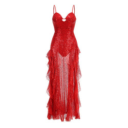 Sparkly Sweetheart Split Ruffle Sheer Mesh Sequin Slip Evening Maxi Dress