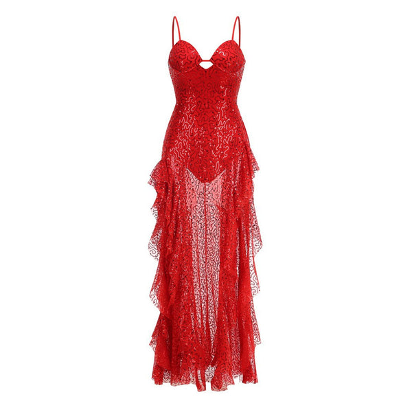Sparkly Sweetheart Split Ruffle Sheer Mesh Sequin Slip Evening Maxi Dress