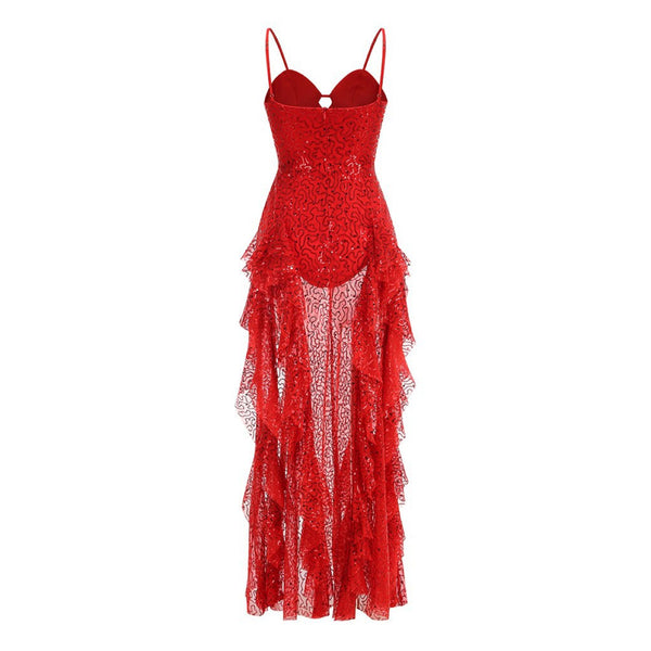 Sparkly Sweetheart Split Ruffle Sheer Mesh Sequin Slip Evening Maxi Dress