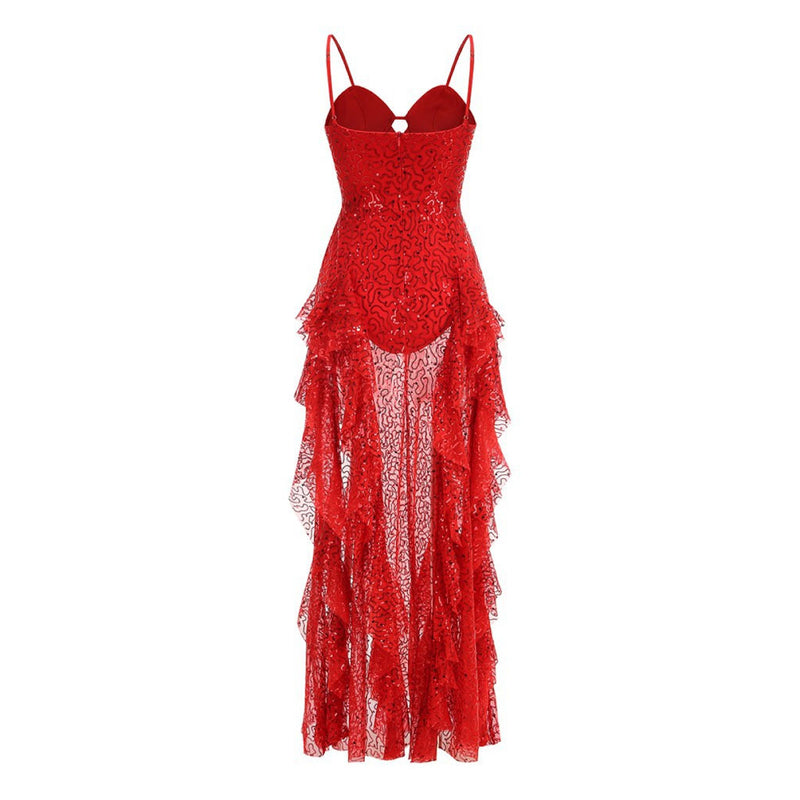 Sparkly Sweetheart Split Ruffle Sheer Mesh Sequin Slip Evening Maxi Dress