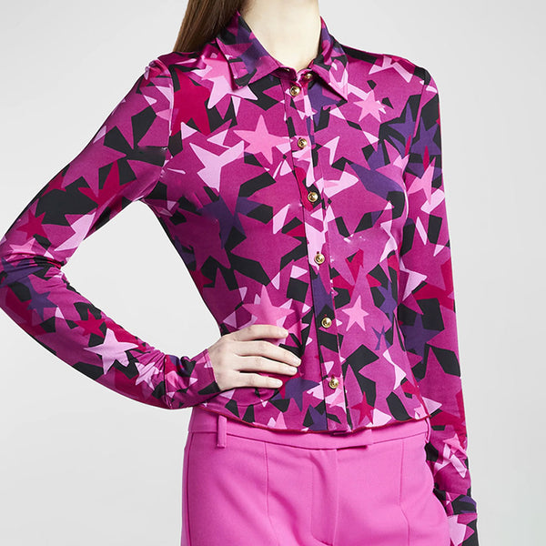 Spectacular Multicolored Star Printed Point Collar Flower Single Breasted Long Sleeve Shirt