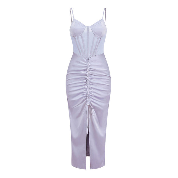 Splendid Sweetheart Neck Sheer Corset Silky Satin Ruched Split Midi Cocktail Dress