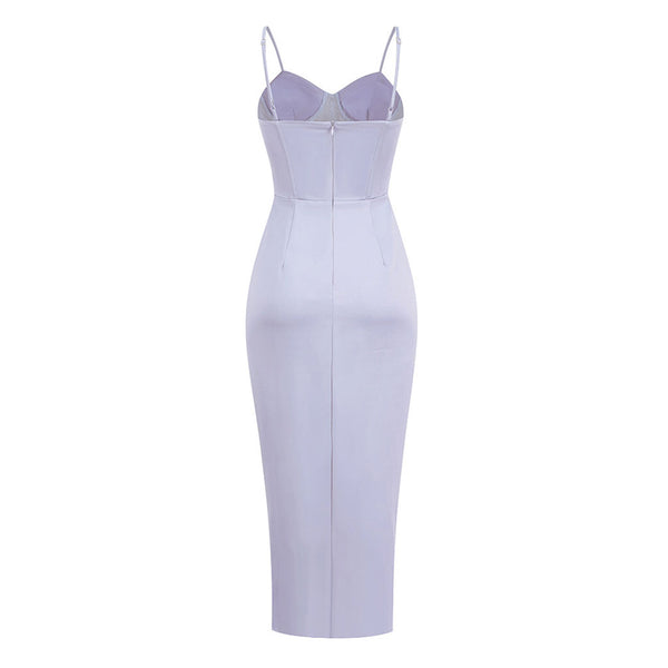 Splendid Sweetheart Neck Sheer Corset Silky Satin Ruched Split Midi Cocktail Dress