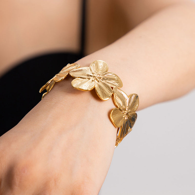 Statement 18K Gold Plated Textured Flower Open Cuff Bangle Bracelet