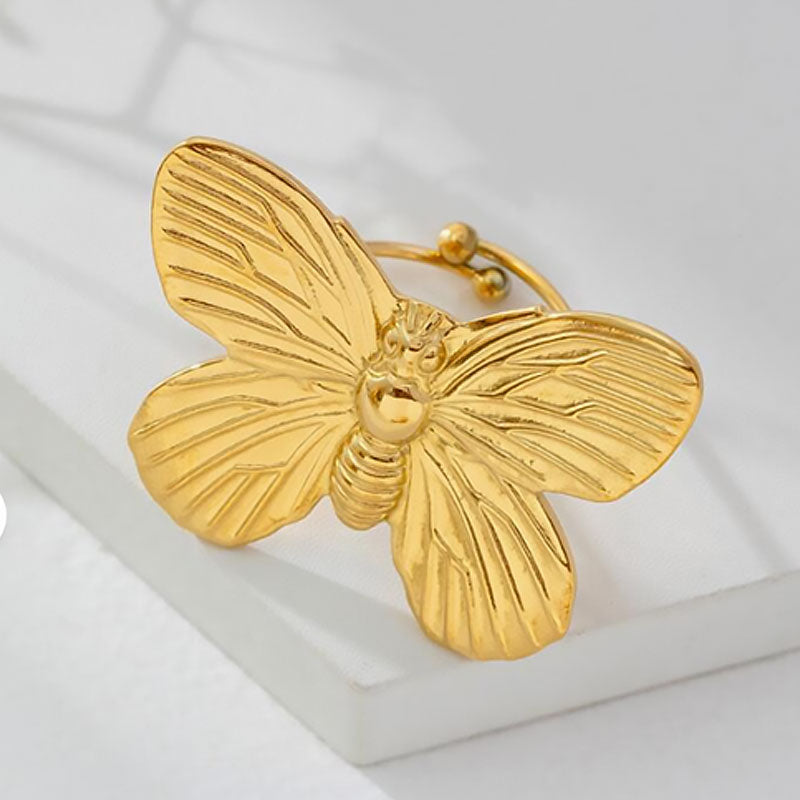 Statement Large Butterfly Ribbed Design 18K Gold Plated Open Cuff Ring