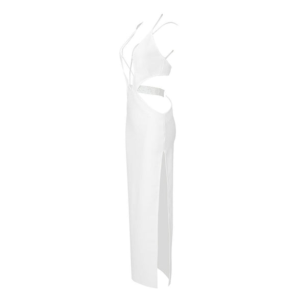 Strappy Crystal Cutout Halter Neck Thigh Split Maxi Bandage Evening Dress