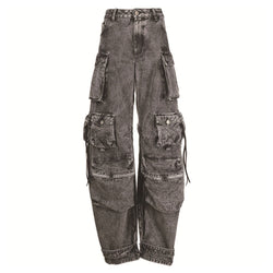 Street Style Acid Wash Multiple Pocket Wide Leg Cargo Denim Jeans