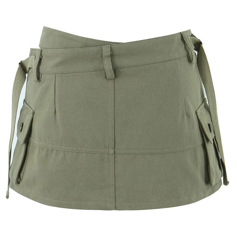 Street Style Asymmetric Strappy Solid Color Studded Cargo Pocket Mini Skort