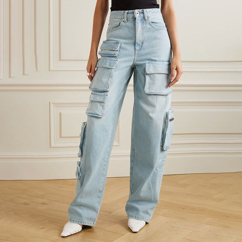 Street Style Multiple Pocket Wide Leg High Waist Cargo Jeans